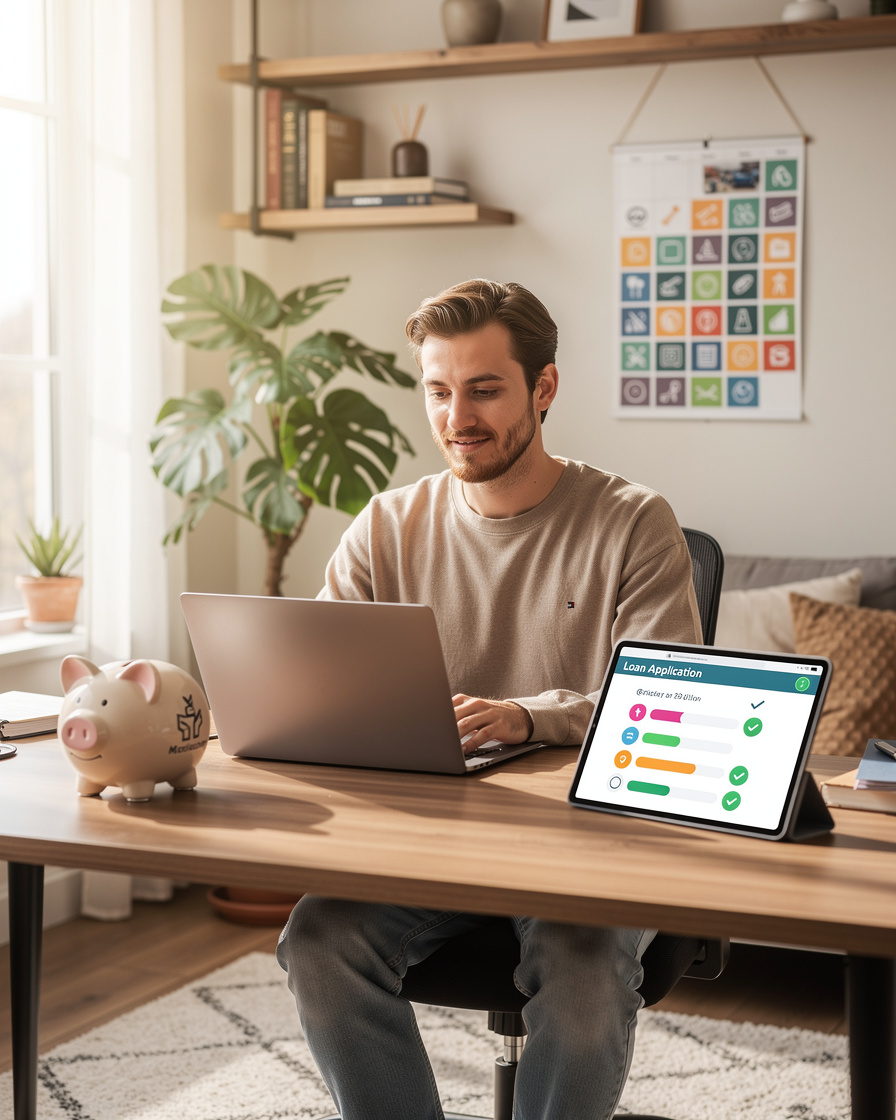 Фрилансер в домашнем офисе с символами гибкого кредитования и финансовой независимости.