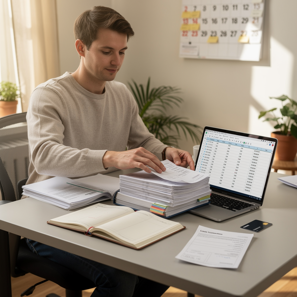 Самозанятый человек в домашнем офисе организует финансовые документы, демонстрируя стабильность для повышения кредитоспособности.