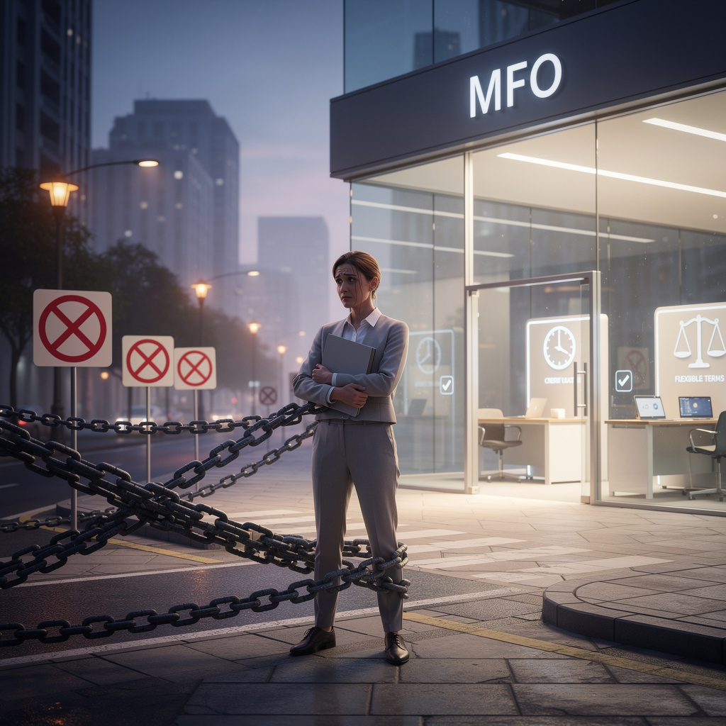 Человек на перекрёстке с папкой долгов перед зданием МФО, символизирующим условия для заёмщиков