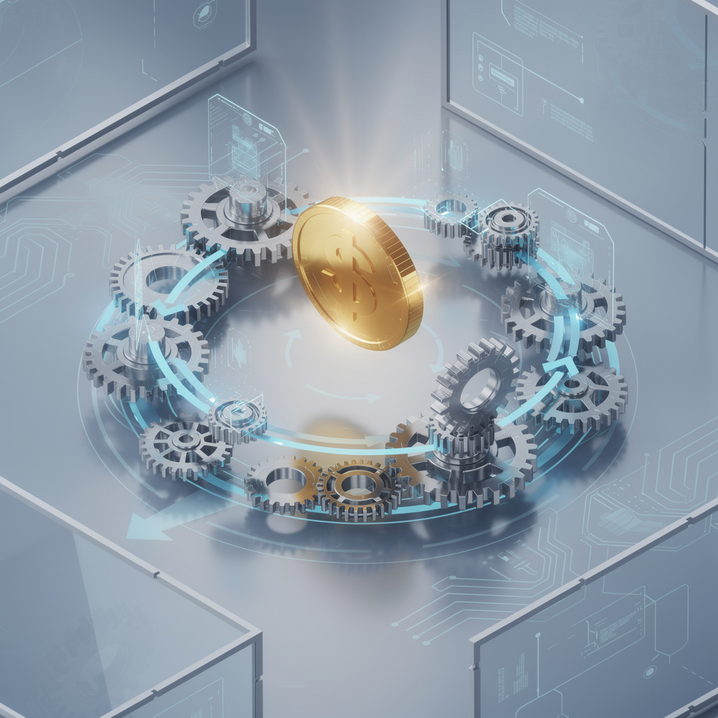 Иллюстрация процесса рассмотрения и выдачи средств с золотой монетой и механизмами в футуристической среде.