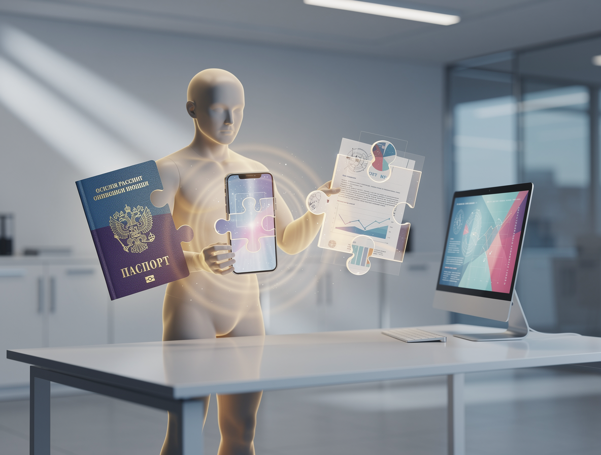 Концептуальное изображение процесса одобрения займа: человек собирает пазл из документов в современном офисе.