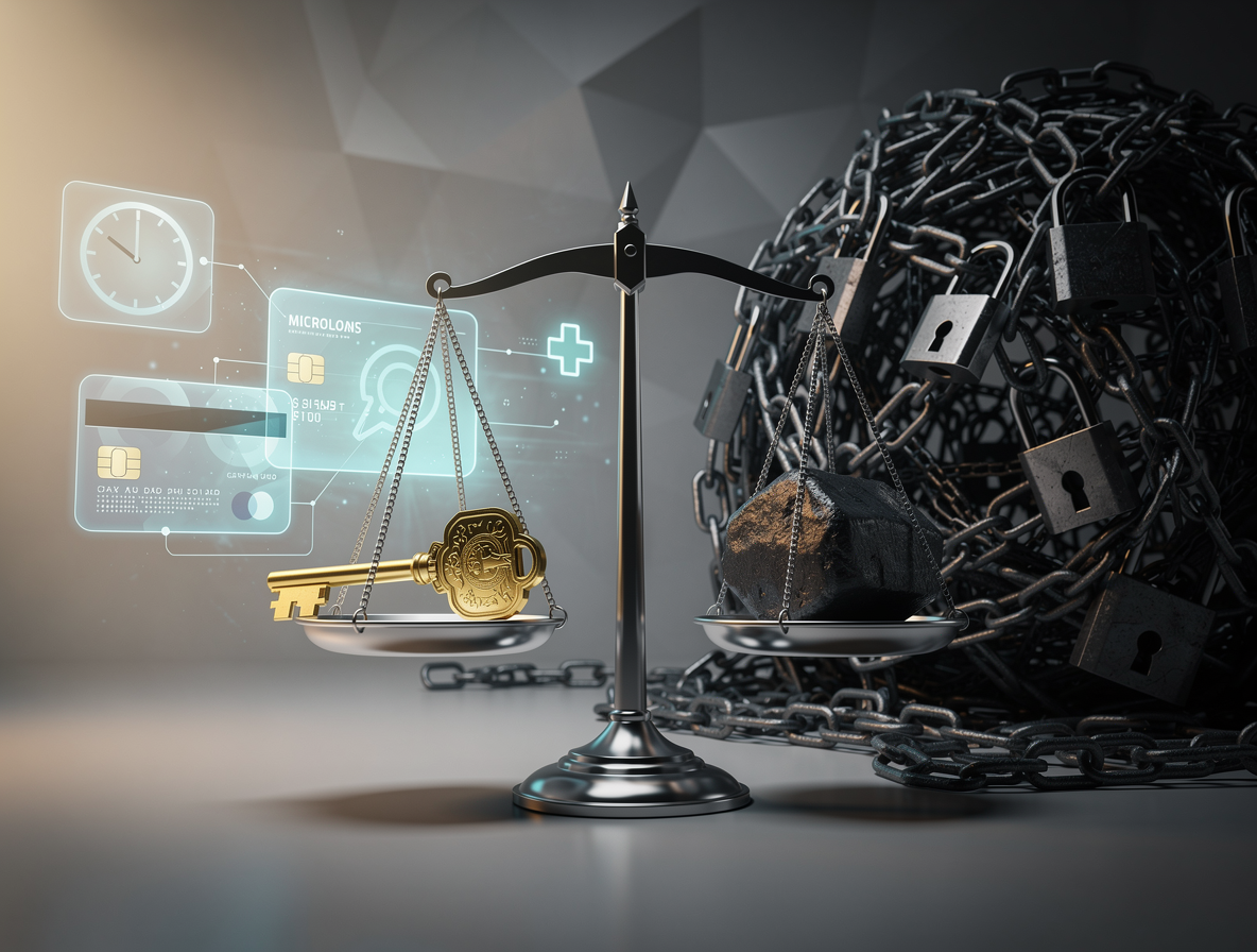 Изображение, символизирующее двойственность финансовых решений: слева - быстрые и доступные микрозаймы, справа - долговые ловушки, в центре - весы с ключом и грузом.