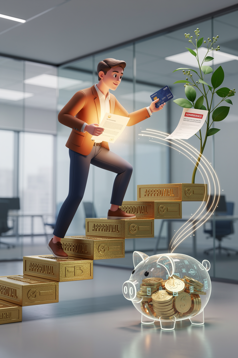 Человек поднимается по лестнице из штампов одобрения, символизируя системный подход к улучшению финансовой заявки.