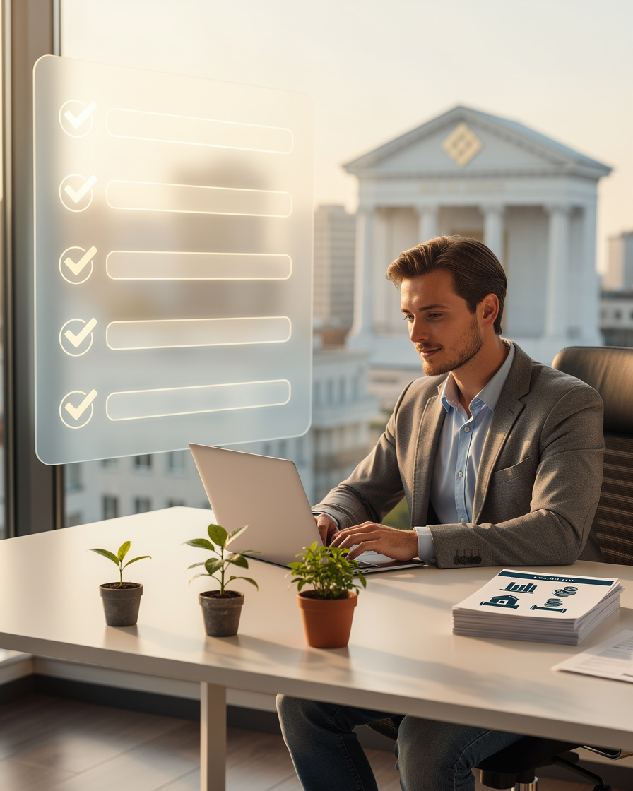 Человек за рабочим столом с ноутбуком, окружённый символами поэтапного получения займа при работе по ГПХ.