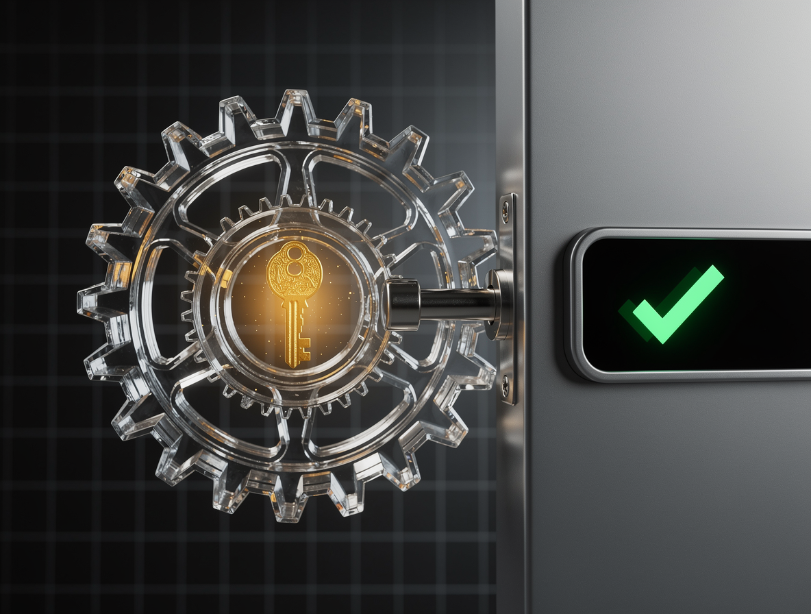 Золотой ключ, вращающийся в прозрачном механизме шестерёнок рядом с современным замком, символизирующий новые правила в микрофинансировании.