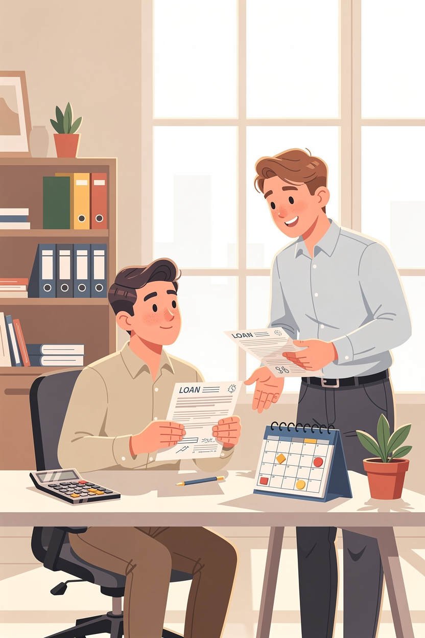 Иллюстрация: сотрудник обсуждает условия займа с представителем работодателя в офисе.