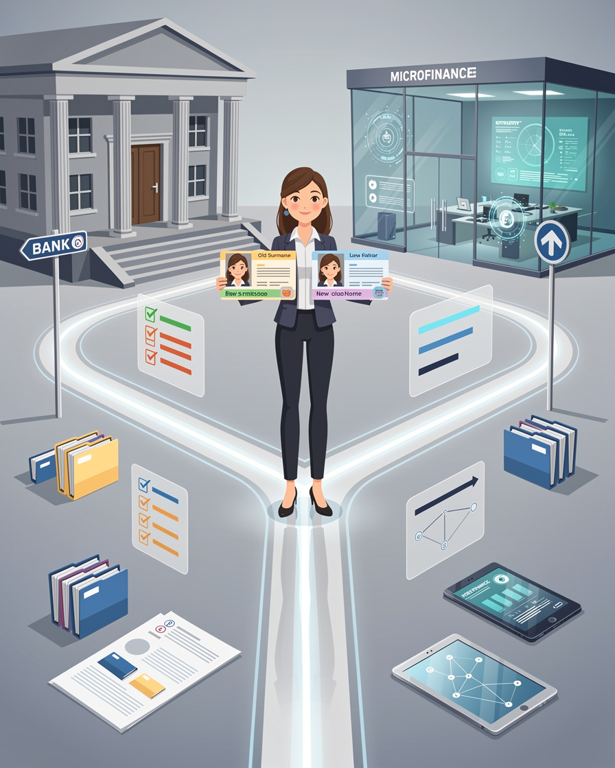 Женщина с двумя документами у развилки между банком и МФО, символизирующая получение займа после смены фамилии