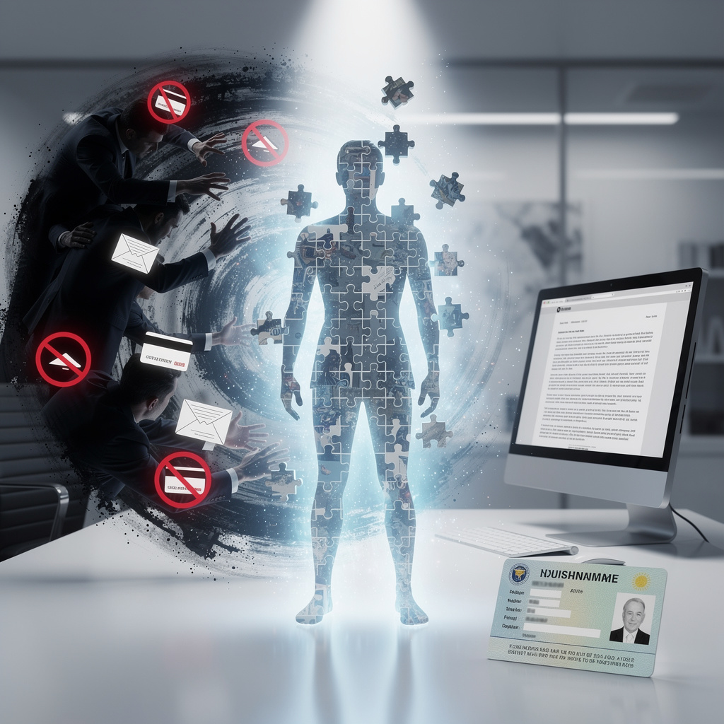 Человек в виде собирающегося пазла защищается от мошенников и коллекторов на фоне офиса с документами о смене фамилии.