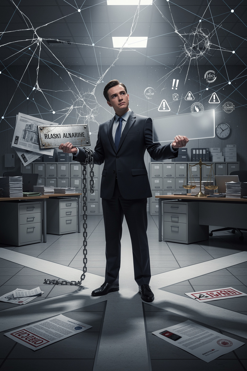 Символическое изображение человека на перепутье с двумя табличками имени, окруженного юридическими документами и финансовыми связями, иллюстрирующее риски смены фамилии