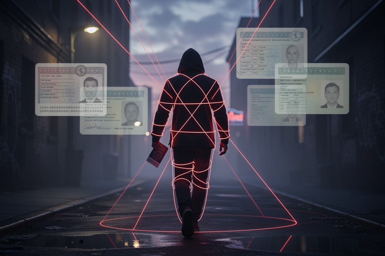 Человек пытается скрыться в переулке, но его настигают лучи слежения, символизирующие поиск приставов.