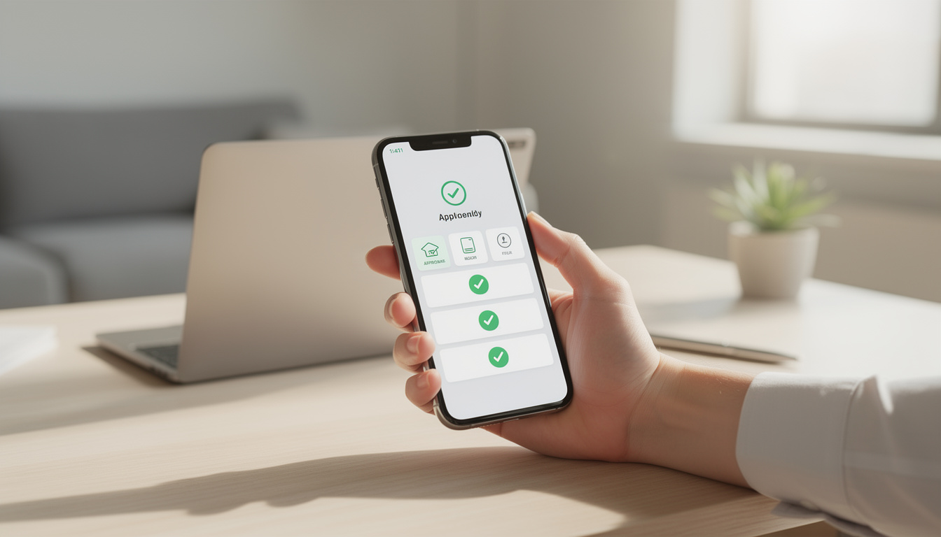 Молодой специалист рассматривает одобренную онлайн-заявку на смартфоне в домашнем офисе.