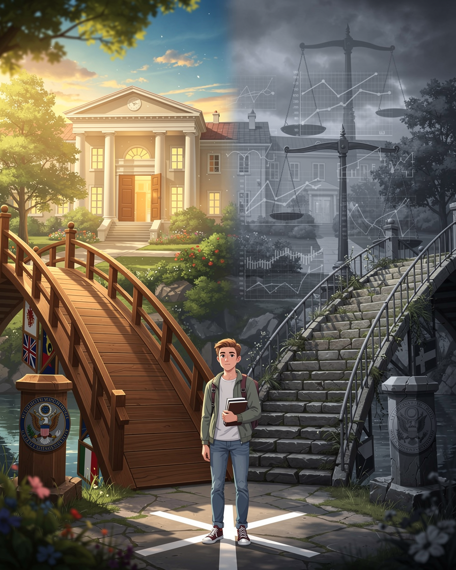 Студент на перепутье между двумя путями к образованию: лёгким мостом с господдержкой и сложной лестницей банковских кредитов.