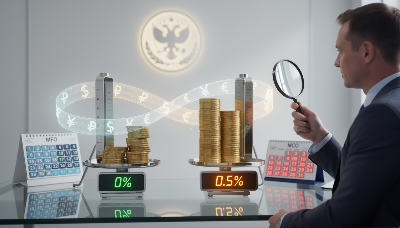 Иллюстрация сравнения условий МФО и МКК: две финансовые шкалы с разными процентами, суммами и сроками в современном офисе.