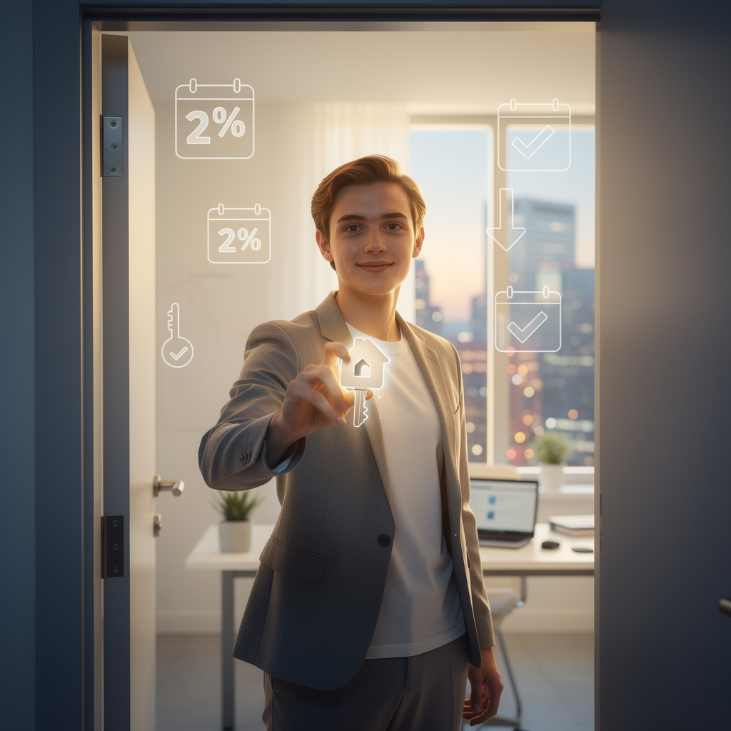 Молодой специалист с ключом на пороге светлого помещения, символизирующего льготные кредитные возможности.