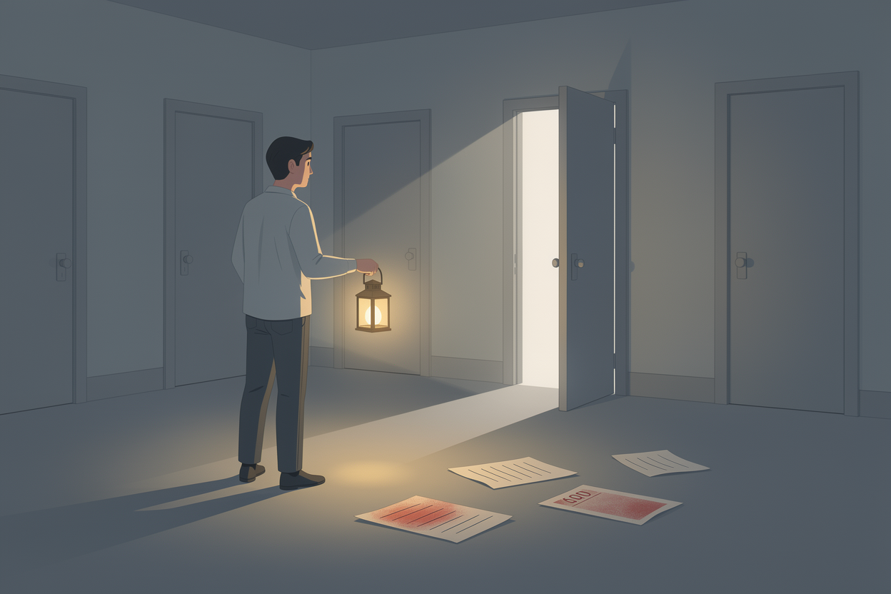 Человек с фонарём выбирает открытую дверь на перекрёстке, символизируя решение финансовых трудностей.